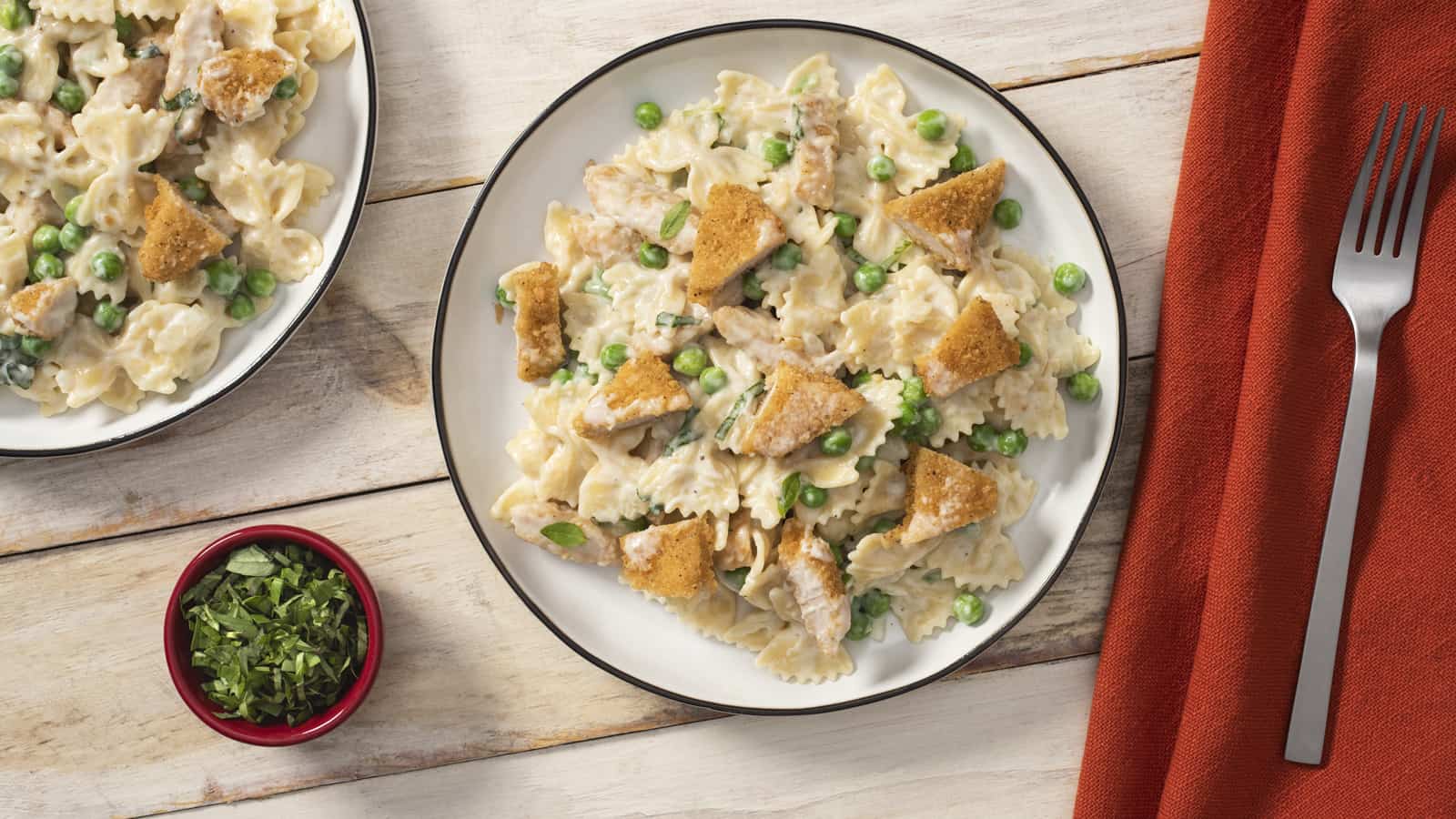 Chicken, Peas and Bow-Tie Pasta Alfredo