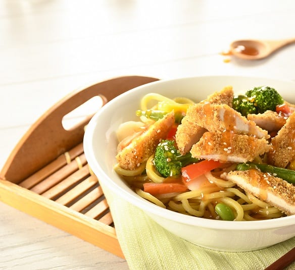 Honey Garlic Chicken Noodle Bowl with Janes Whole Wheat Strips