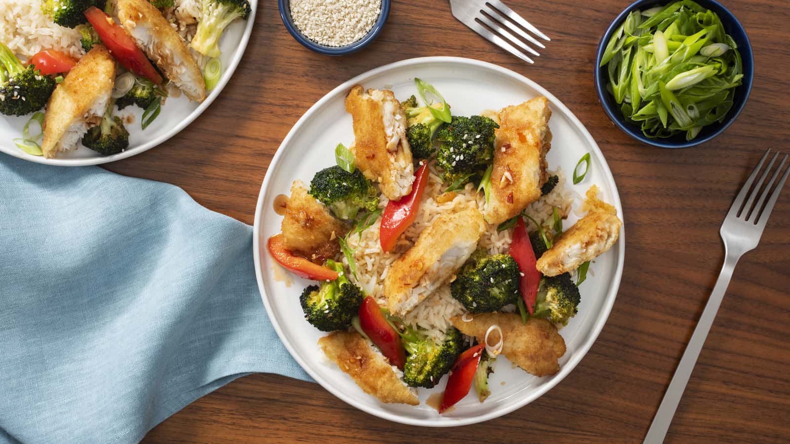 Sesame Stir-Fry with Broccoli and Battered Haddock